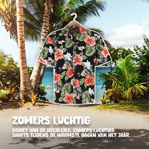 Hawaii shirt Hibiscus Zwart, voorkant aan hanger