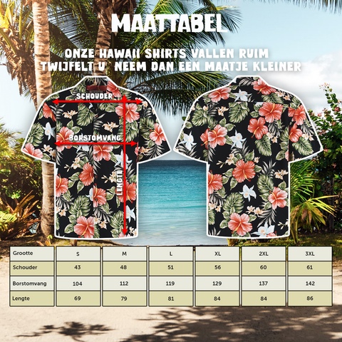 Hawaii shirt Hibiscus Zwart, maattabel