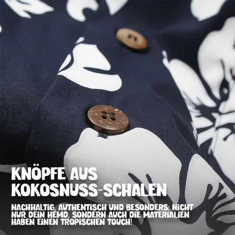Knöpfe aus Kokosnuss-Schalen: Hawaiihemd Hawaii Blumen Blau im Detail