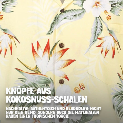 Knöpfe aus Kokosnuss-Schalen: Hawaiihemd Hibiskus Gelb im Detail
