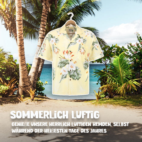 Sommerlich luftig: Hawaiihemd Hibiskus Gelb am Bügel, Vorderseite