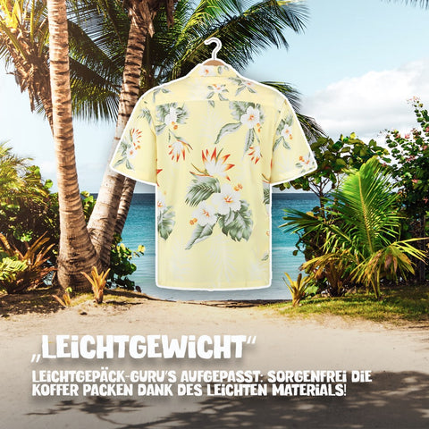 Leichtgewicht: Hawaiihemd Hibiskus Gelb am Bügel, Rückseite