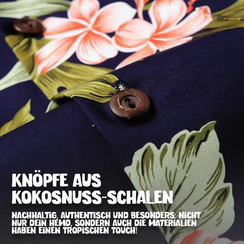 Knöpfe aus Kokosnuss-Schalen: Hawaiihemd Hibiskusblau im Detail