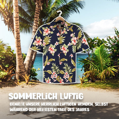 Sommerlich luftig: Hawaiihemd Hibiskusblau am Bügel, Vorderseite