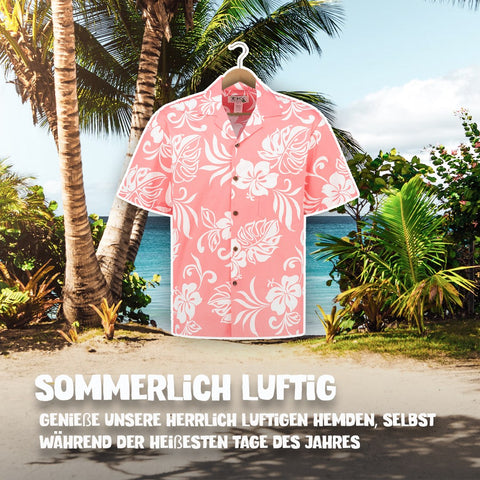 Sommerlich luftig: Hawaiihemd Ferien-Flair Rosa am Bügel, Vorderseite