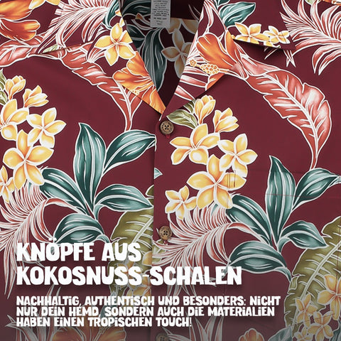 Knöpfe aus Kokosnuss-Schalen: Hawaiihemd Tropische Oase Bordeaux im Detail