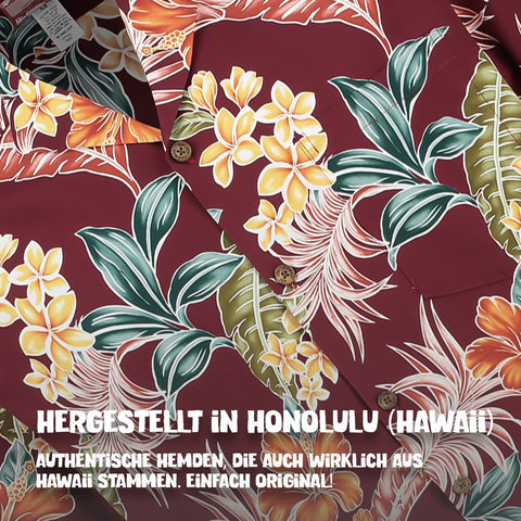 Hergestellt in Honolulu (Hawaii): Hawaiihemd Tropische Oase Bordeaux