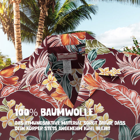 100% Baumwolle: Hawaiihemd Tropische Oase Bordeaux