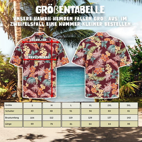Größentabelle Hawaiihemd Tropische Oase Bordeaux