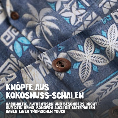 Knöpfe aus Kokosnuss-Schalen: Hawaiihemd Tapa Blau im Detail
