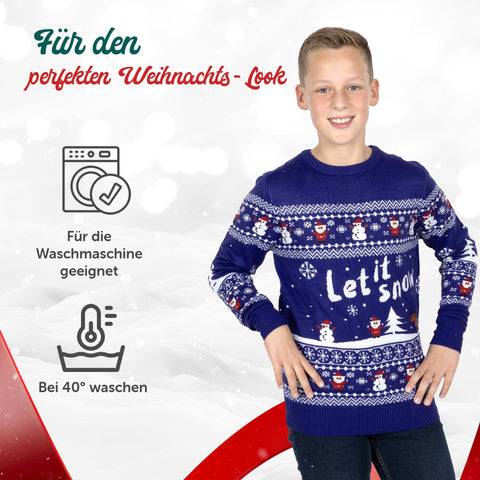 Für den perfekten Weihnachts-Look: Weihnachtspullover Let it Snow für Kinder, für die Waschmaschine geeignet, bei 40 Grad waschen