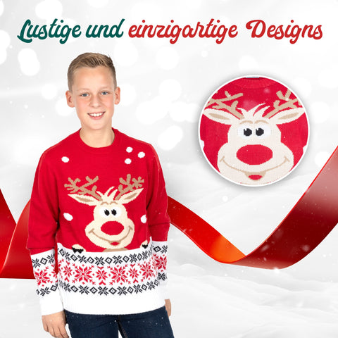 Lustige und einzigartige Designs: Weihnachtspullover Rudolf für Kinder im Detail