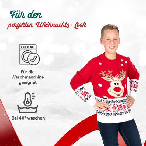 Für den perfekten Weihnachts-Look: Weihnachtspullover Rudolf für Kinder, für die Waschmaschine geeignet, bei 40 Grad waschen
