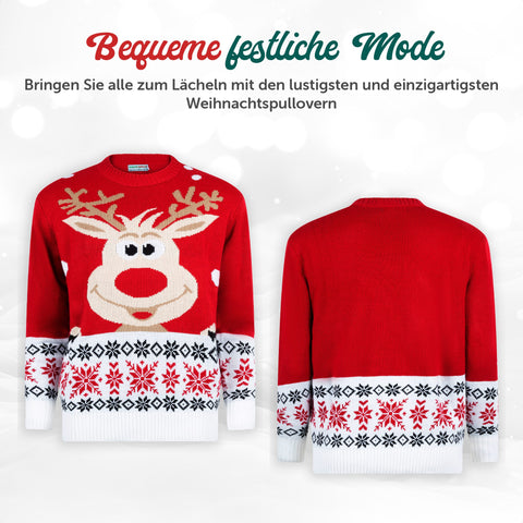Bequeme festliche Mode: Weihnachtspullover Rudolf für Kinder von vorne und hinten
