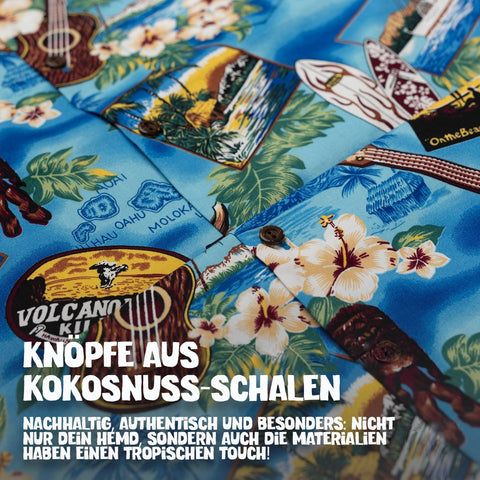 Knöpfe aus Kokosnuss-Schalen: Hawaiihemd Party auf Hawaii im Detail