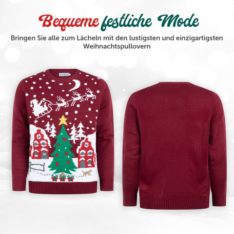 Bequeme festliche Mode: Weihnachtspullover Gemütliche Weihnachtslandschaft von vorne und hinten