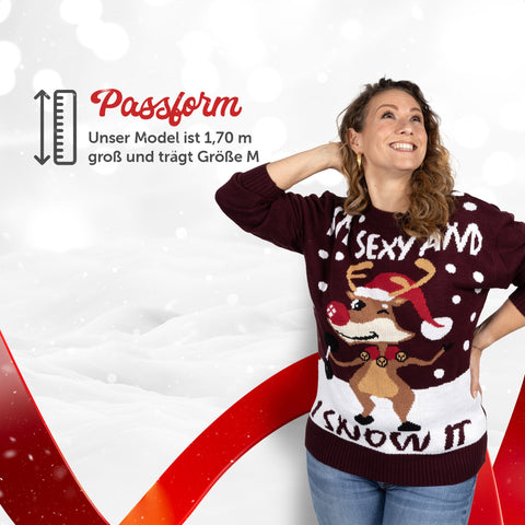 Passform Damen: Weihnachtspullover I'm Sexy & I Snow it, unser Model ist 1,70 m groß und trägt Größe M