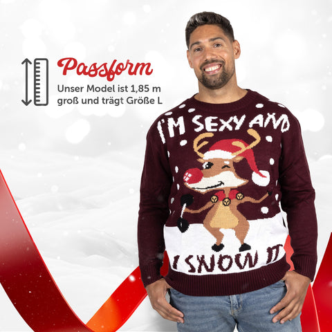 Passform Herren: Weihnachtspullover I'm Sexy & I Snow it, unser Model ist 1,85 m groß und trägt Größe L