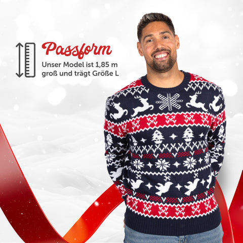 Passform Herren: Weihnachtspullover Traditionell & Gemütlich, unser Model ist 1,85 m groß und trägt Größe L