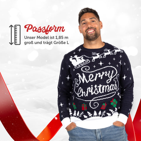 Passform Herren: Weihnachtspullover Merry Christmas Stilvoll, unser Model ist 1,85 m groß und trägt Größe L