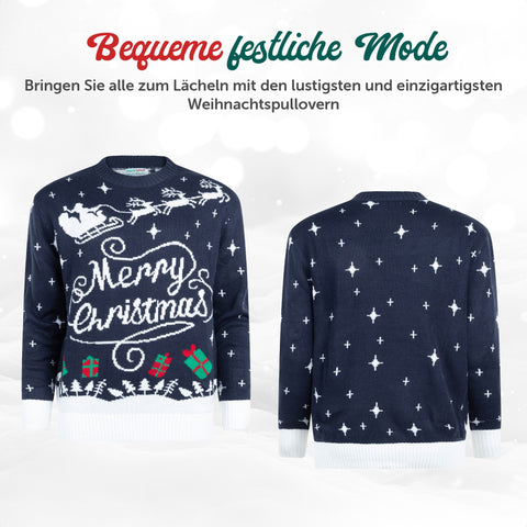 Bequeme festliche Mode: Weihnachtspullover Merry Christmas Stilvoll von vorne und hinten
