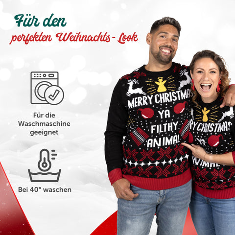 Für den perfekten Weihnachts-Look: Weihnachtspullover Merry Christmas Ya Filthy Animal, für die Waschmaschine geeignet, bei 40 Grad waschen