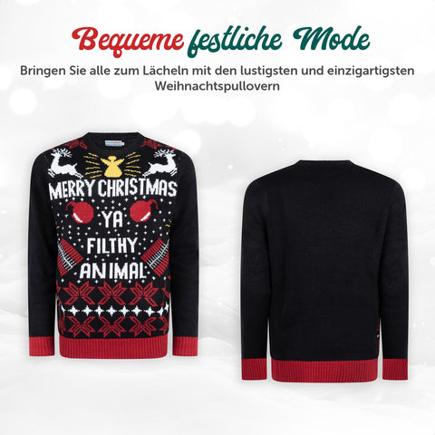 Bequeme festliche Mode: Weihnachtspullover Merry Christmas Ya Filthy Animal von vorne und hinten