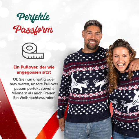 Perfekte Passform: Weihnachtspullover Spielende Rentiere für Damen und Herren