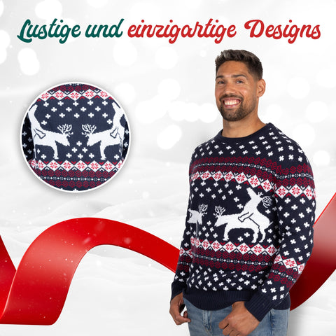 Lustige und einzigartige Designs: Weihnachtspullover Spielende Rentiere im Detail