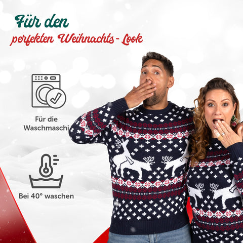 Für den perfekten Weihnachts-Look: Weihnachtspullover Spielende Rentiere, für die Waschmaschine geeignet, bei 40 Grad waschen