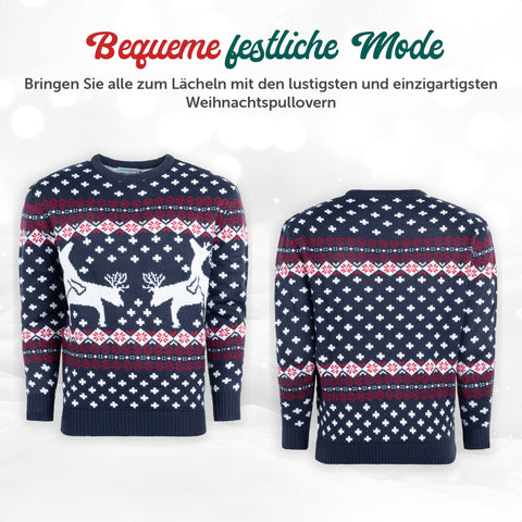 Bequeme festliche Mode: Weihnachtspullover Spielende Rentiere von vorne und hinten