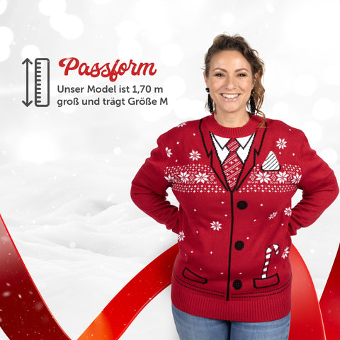 Passform Damen: Weihnachtspullover Schick & Klassisch, unser Model ist 1,70 m groß und trägt Größe M