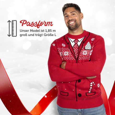 Passform Herren: Weihnachtspullover Schick & Klassisch, unser Model ist 1,85 m groß und trägt Größe L