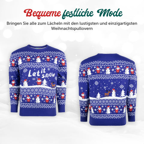 Bequeme festliche Mode: Weihnachtspullover Let it Snow von vorne und hinten