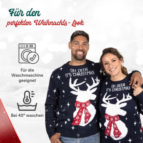 Für den perfekten Weihnachts-Look: Weihnachtspullover Oh Deer It's Christmas, für die Waschmaschine geeignet, bei 40 Grad waschen