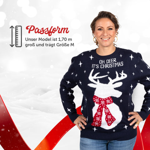 Passform Damen: Weihnachtspullover Oh Deer It's Christmas, unser Model ist 1,70 m groß und trägt Größe M