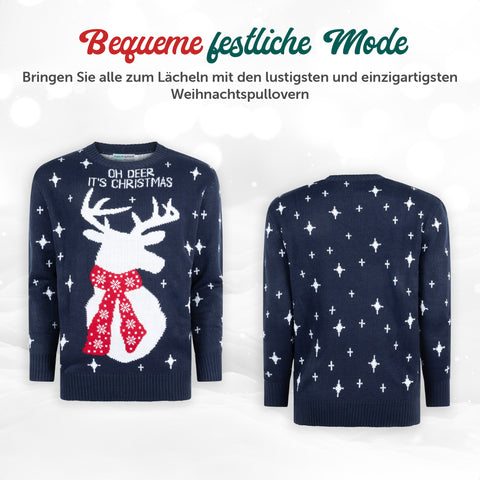 Bequeme festliche Mode: Weihnachtspullover Oh Deer It's Christmas von vorne und hinten