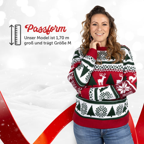 Passform Damen: Weihnachtspullover Bunt & Gemütlich, unser Model ist 1,70 m groß und trägt Größe M