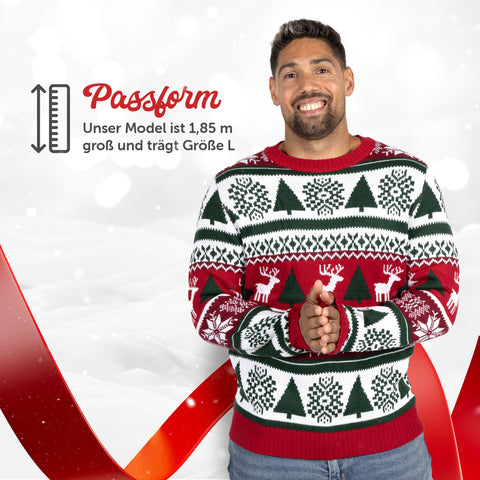 Passform Herren: Weihnachtspullover Bunt & Gemütlich, unser Model ist 1,85 m groß und trägt Größe L
