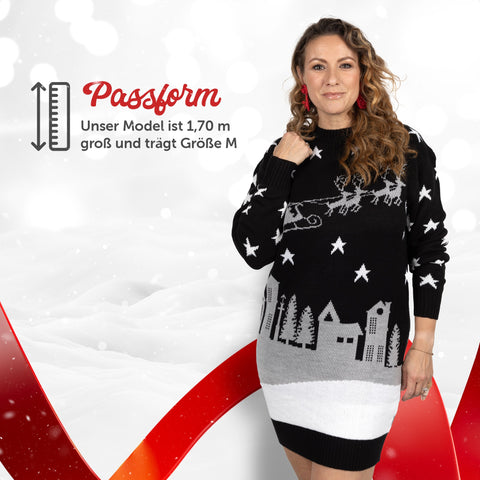 Passform Damen: Weihnachtskleid Weihnachtsmann bei Nacht, unser Model ist 1,70 m groß und trägt Größe M