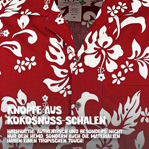 Knöpfe aus Kokosnuss-Schalen: Hawaiihemd Hawaii Blumen Rot im Detail