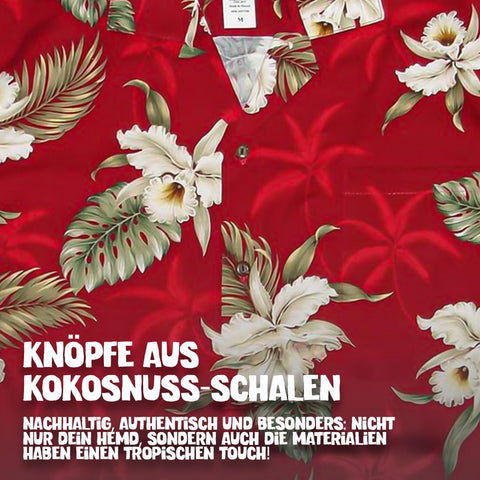 Knöpfe aus Kokosnuss-Schalen: Hawaiihemd Hibiskus Rot im Detail