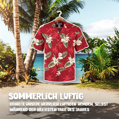 Sommerlich luftig: Hawaiihemd Hibiskus Rot am Bügel, Vorderseite
