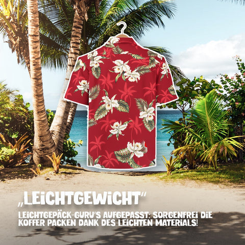 Leichtgewicht: Hawaiihemd Hibiskus Rot am Bügel, Rückseite