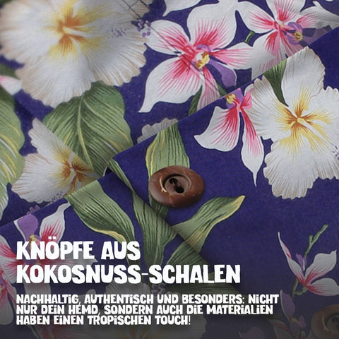 Knöpfe aus Kokosnuss-Schalen: Hawaiihemd Tropisches Lila im Detail