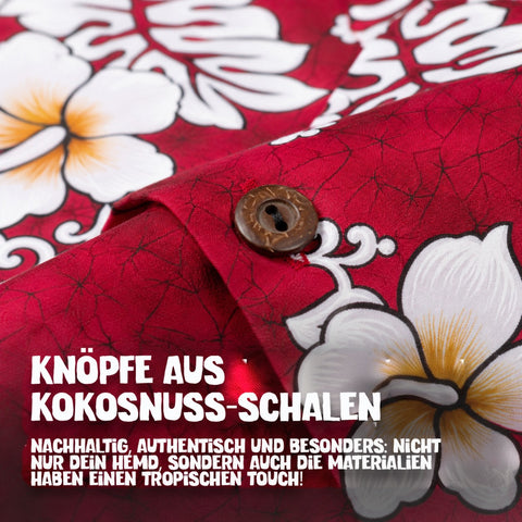 Knöpfe aus Kokosnuss-Schalen: Hawaiihemd Waikiki Rot im Detail