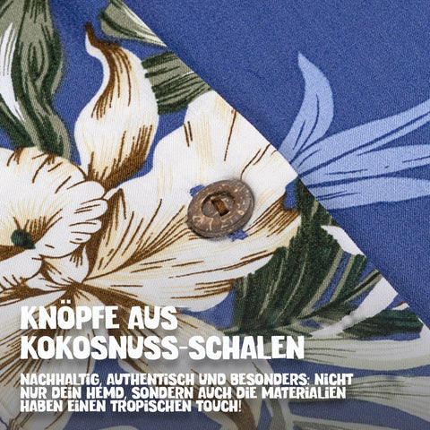 Knöpfe aus Kokosnuss-Schalen: Hawaiihemd Lanikai Blau im Detail