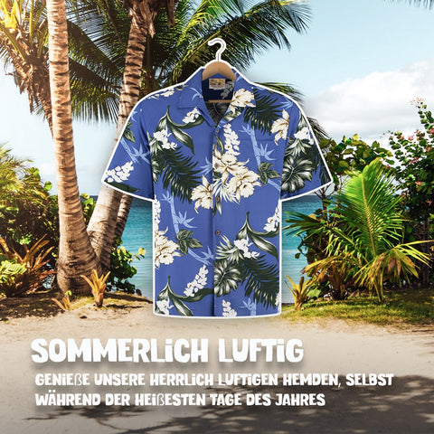 Sommerlich luftig: Hawaiihemd Lanikai Blau am Bügel, Vorderseite