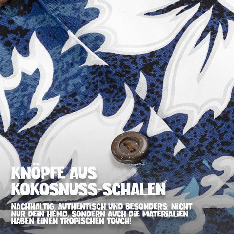 Knöpfe aus Kokosnuss-Schalen: Hawaiihemd Honolulu Blau im Detail