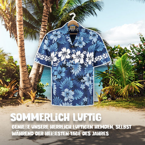 Sommerlich luftig: Hawaiihemd Honolulu Blau am Bügel, Vorderseite